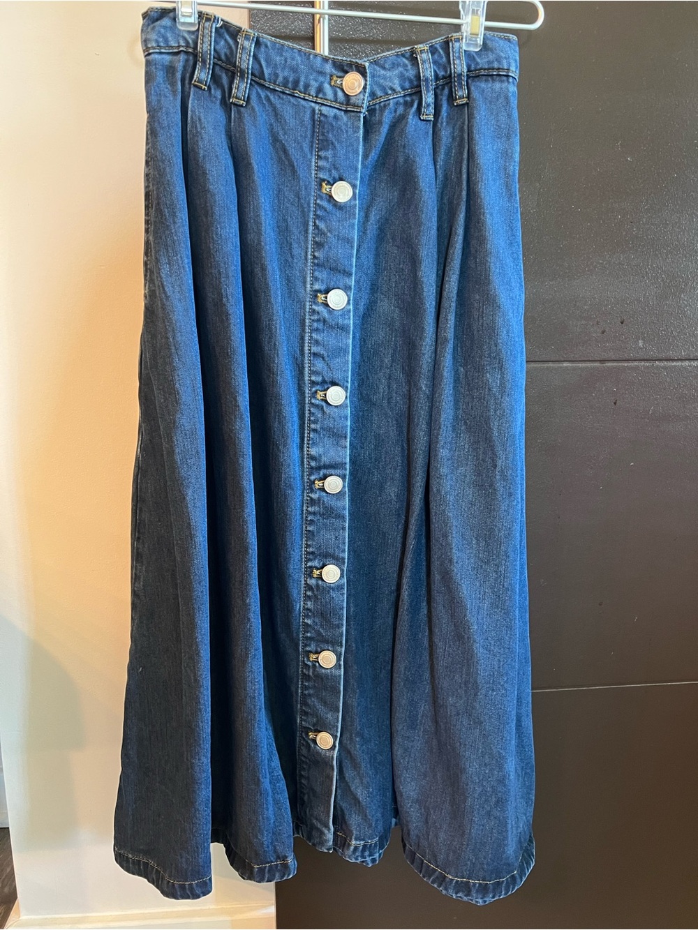 Button-Front Dark Blue Denim A-Line Skirt